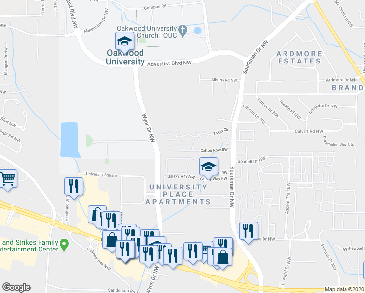 map of restaurants, bars, coffee shops, grocery stores, and more near 5047 7 Pine Circle in Huntsville