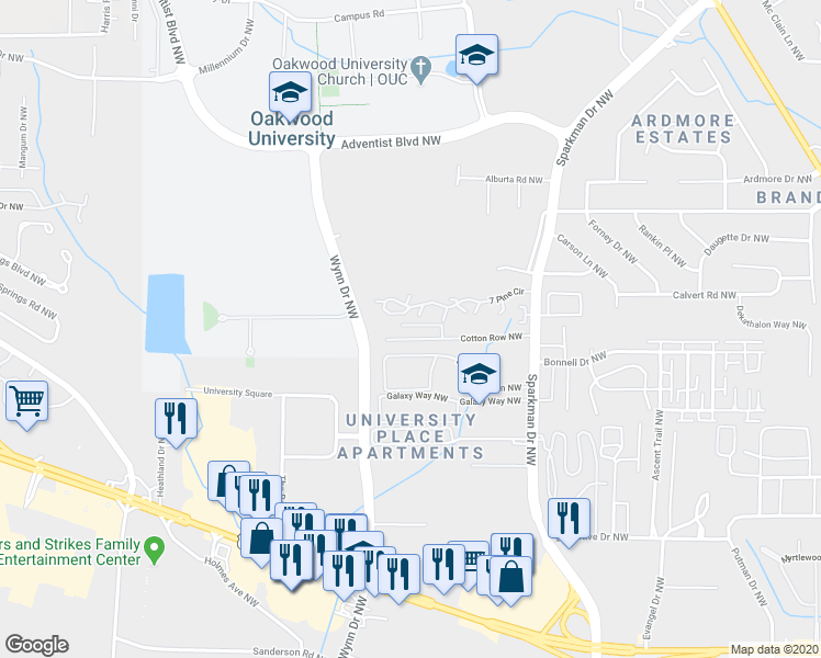map of restaurants, bars, coffee shops, grocery stores, and more near 5047 7 Pine Circle in Huntsville
