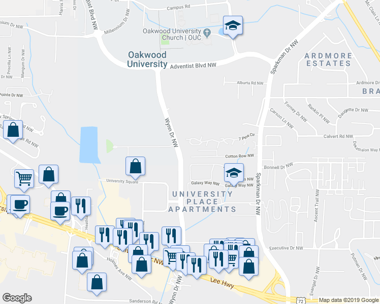 map of restaurants, bars, coffee shops, grocery stores, and more near 5135 7 Pine Circle in Huntsville