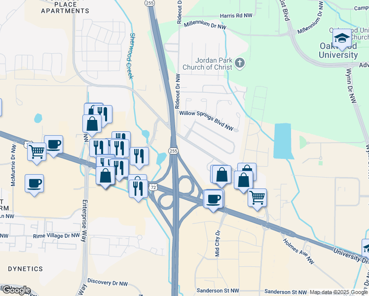 map of restaurants, bars, coffee shops, grocery stores, and more near 1172 Old Monrovia Road Northwest in Huntsville