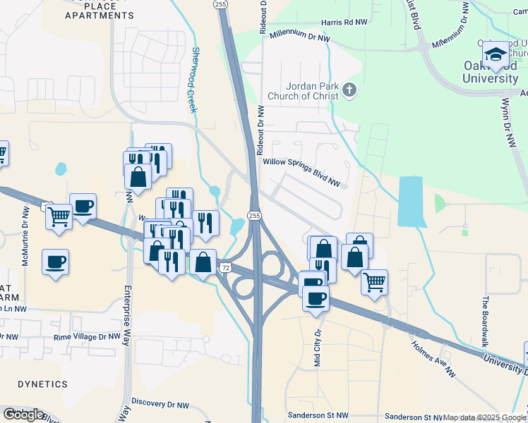 map of restaurants, bars, coffee shops, grocery stores, and more near 1172 Old Monrovia Road Northwest in Huntsville