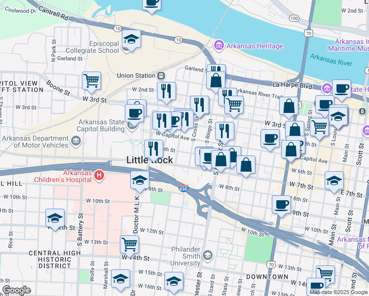 map of restaurants, bars, coffee shops, grocery stores, and more near 1202 West Capitol Avenue in Little Rock