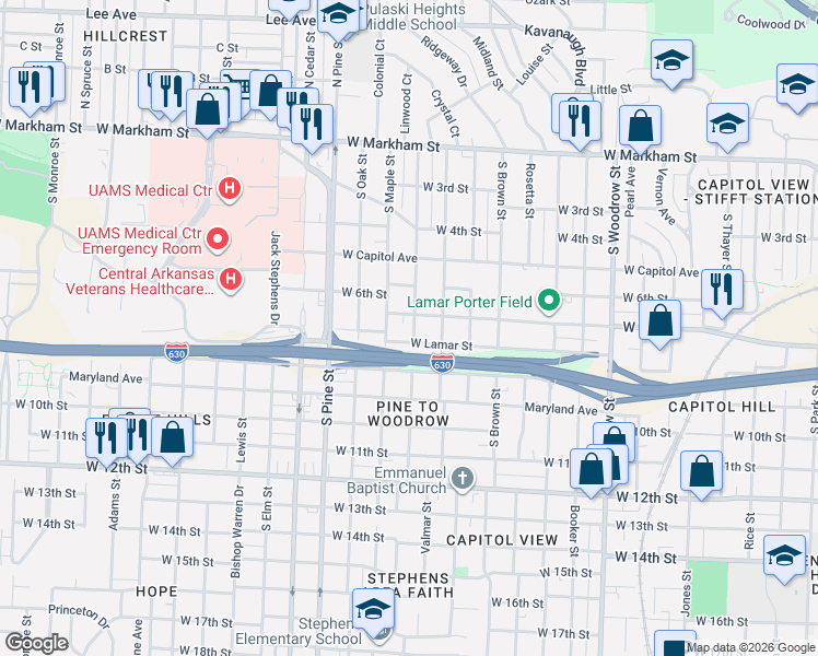 map of restaurants, bars, coffee shops, grocery stores, and more near 3518 West 7th Street in Little Rock