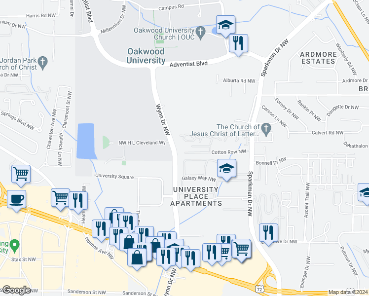map of restaurants, bars, coffee shops, grocery stores, and more near 4930 Cotton Row Northwest in Huntsville