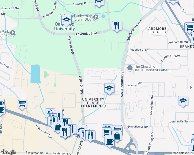 map of restaurants, bars, coffee shops, grocery stores, and more near 5047 7 Pine Circle in Huntsville