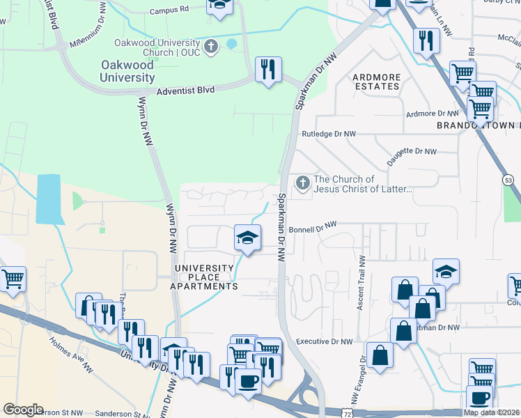 map of restaurants, bars, coffee shops, grocery stores, and more near 4904 Cotton Row Northwest in Huntsville