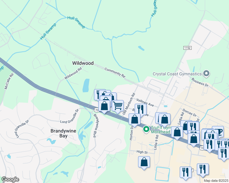 map of restaurants, bars, coffee shops, grocery stores, and more near 160-180 Community Rd in Newport