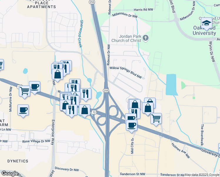 map of restaurants, bars, coffee shops, grocery stores, and more near 1172 Old Monrovia Road Northwest in Huntsville