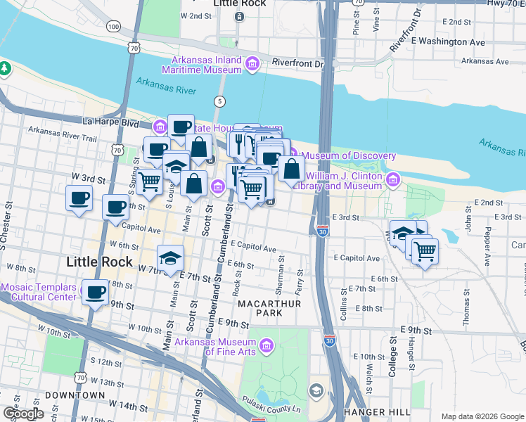 map of restaurants, bars, coffee shops, grocery stores, and more near 315 Rock Street in Little Rock