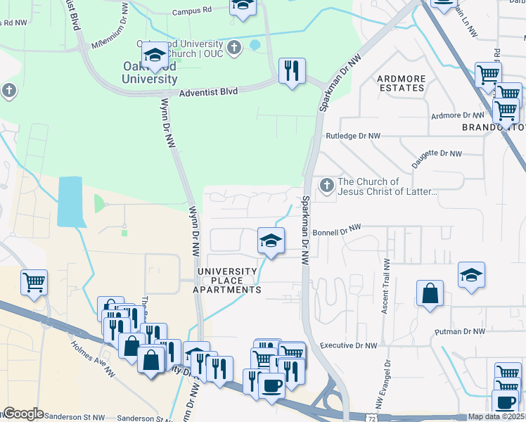 map of restaurants, bars, coffee shops, grocery stores, and more near 4912 Cotton Row Northwest in Huntsville