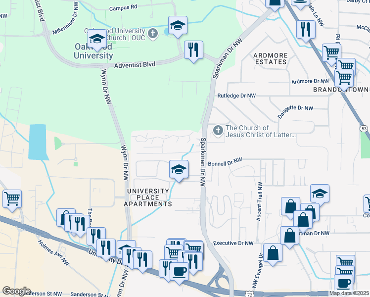 map of restaurants, bars, coffee shops, grocery stores, and more near 4906 Cotton Row Northwest in Huntsville
