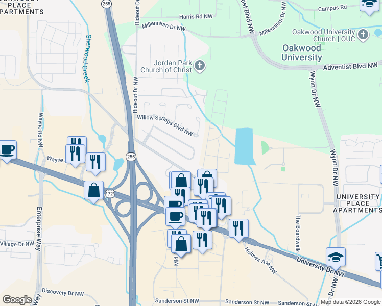 map of restaurants, bars, coffee shops, grocery stores, and more near 1033 Sandy Springs Road Northwest in Huntsville