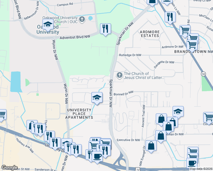 map of restaurants, bars, coffee shops, grocery stores, and more near 1601 Sparkman Drive Northwest in Huntsville