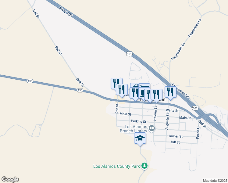 map of restaurants, bars, coffee shops, grocery stores, and more near 165 Leslie Street in Los Alamos