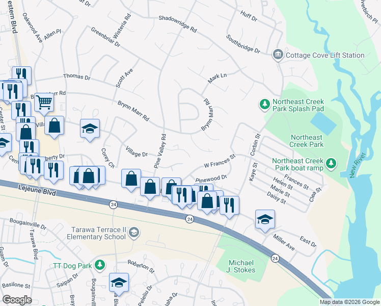 map of restaurants, bars, coffee shops, grocery stores, and more near 105 Meadowview Court in Jacksonville