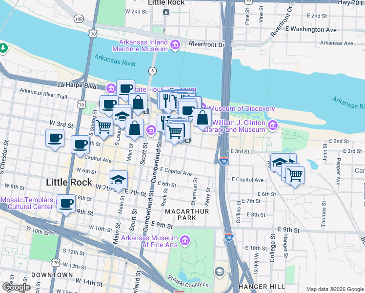 map of restaurants, bars, coffee shops, grocery stores, and more near 315 Rock Street in Little Rock