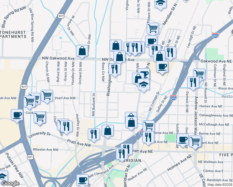 map of restaurants, bars, coffee shops, grocery stores, and more near 303 Abingdon Avenue Northwest in Huntsville