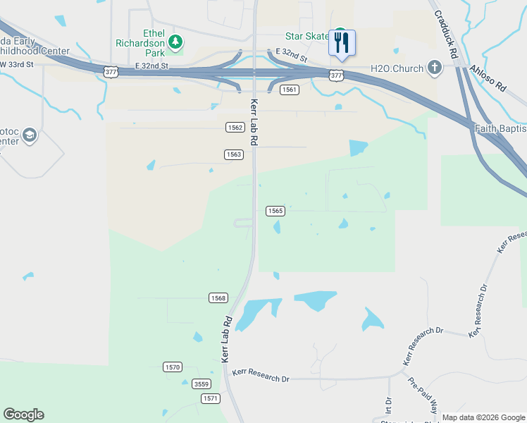 map of restaurants, bars, coffee shops, grocery stores, and more near 16039 County Road 1565 in Ada