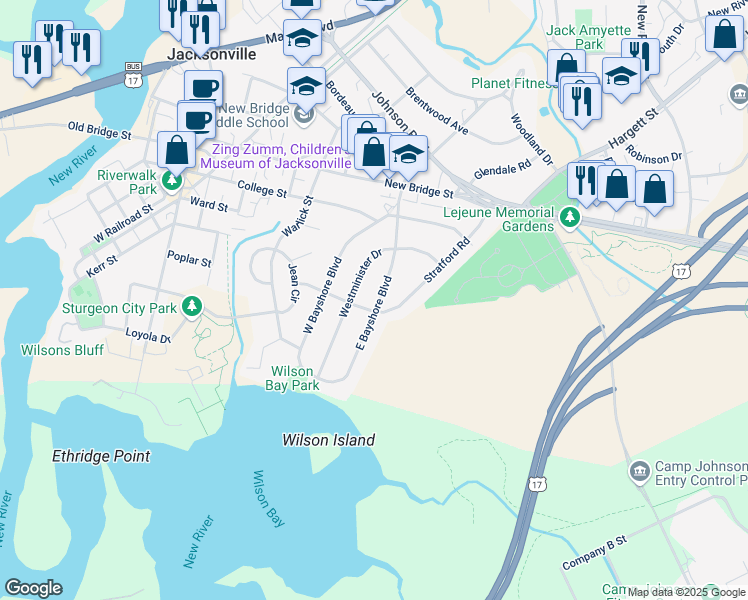 map of restaurants, bars, coffee shops, grocery stores, and more near 103 East Bayshore Boulevard in Jacksonville