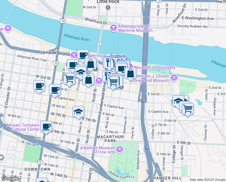 map of restaurants, bars, coffee shops, grocery stores, and more near 315 Rock Street in Little Rock