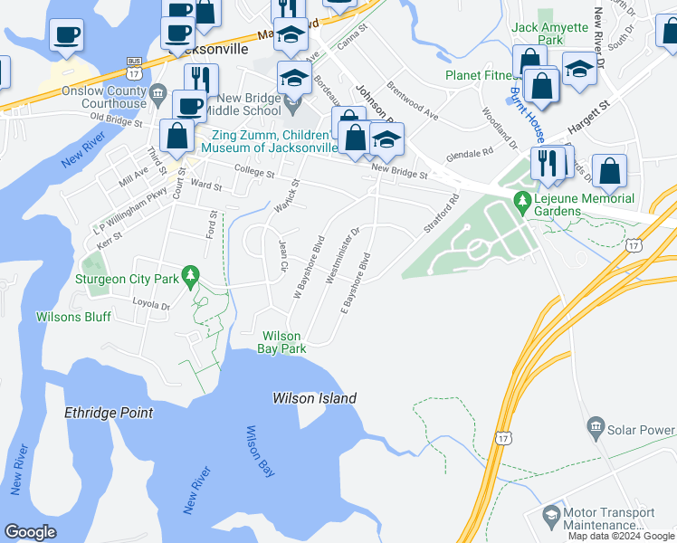 map of restaurants, bars, coffee shops, grocery stores, and more near 102 Westminister Drive in Jacksonville