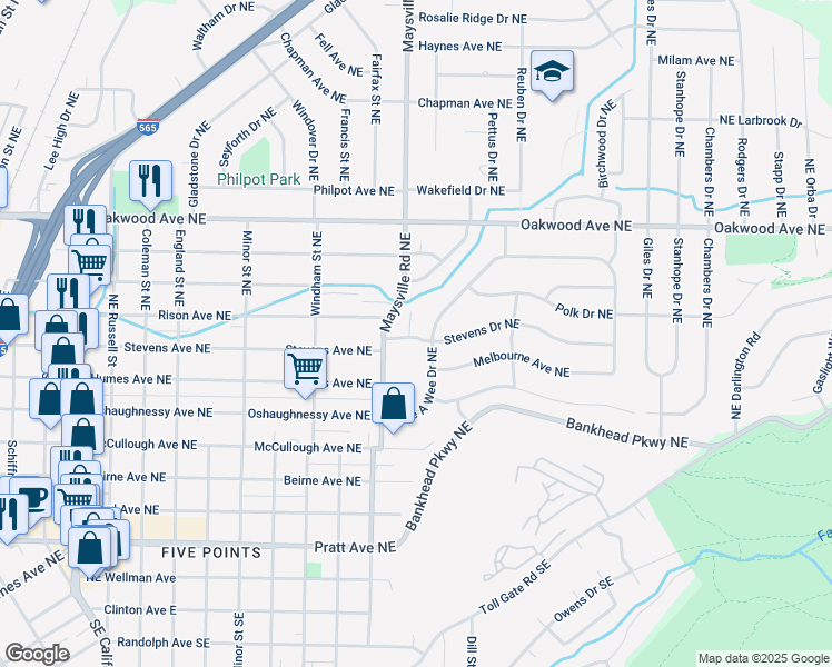 map of restaurants, bars, coffee shops, grocery stores, and more near 904 Stevens Court Northeast in Huntsville