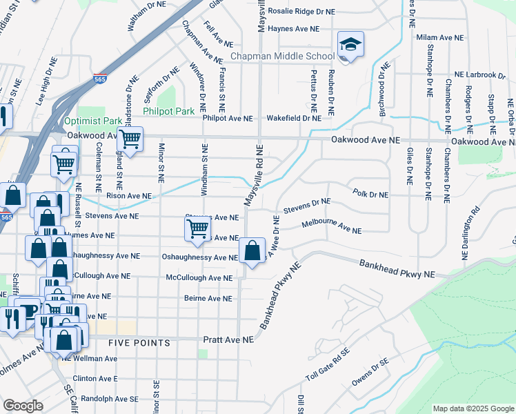 map of restaurants, bars, coffee shops, grocery stores, and more near 904 Stevens Court Northeast in Huntsville