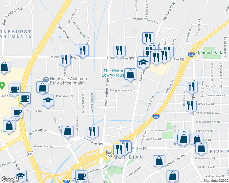 map of restaurants, bars, coffee shops, grocery stores, and more near 303 Abingdon Avenue Northwest in Huntsville