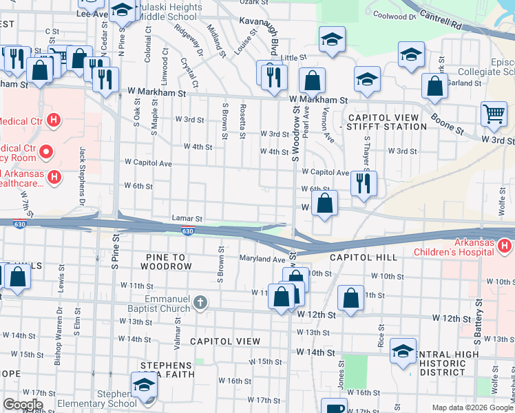 map of restaurants, bars, coffee shops, grocery stores, and more near in Little Rock