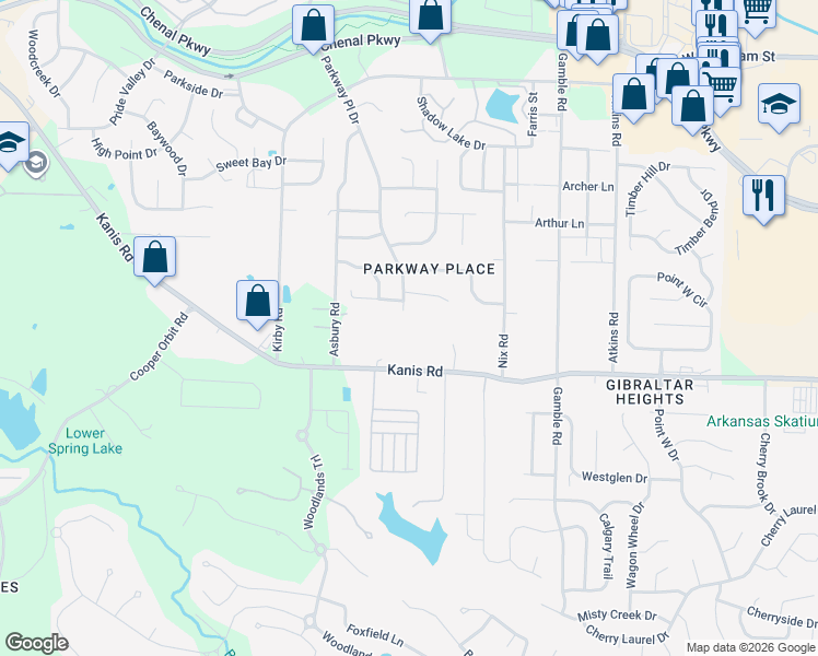 map of restaurants, bars, coffee shops, grocery stores, and more near 1007 Parkway Place Drive in Little Rock