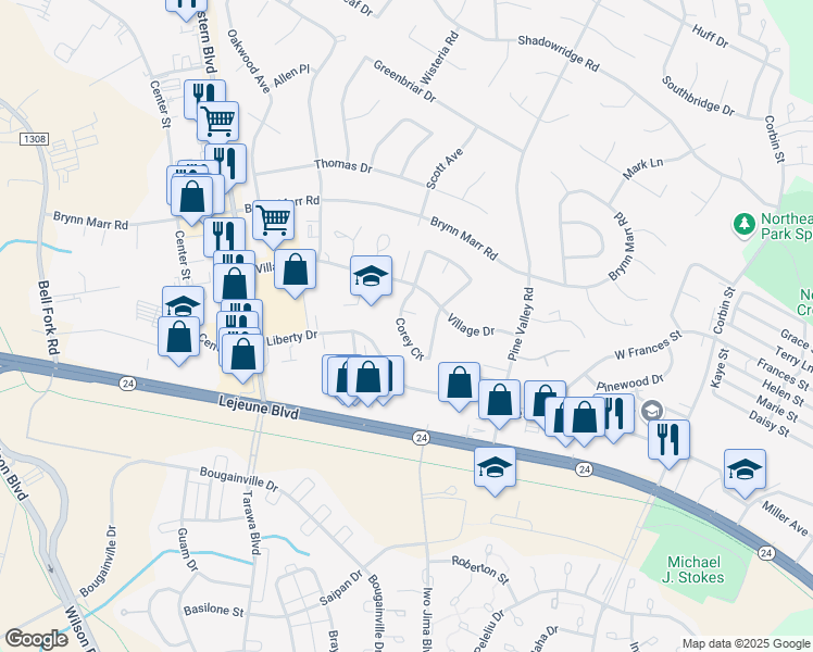 map of restaurants, bars, coffee shops, grocery stores, and more near 127 Corey Circle in Jacksonville