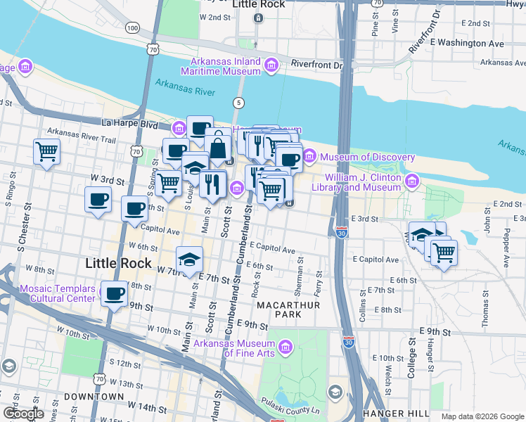 map of restaurants, bars, coffee shops, grocery stores, and more near 207-C Cumberland Street in Little Rock