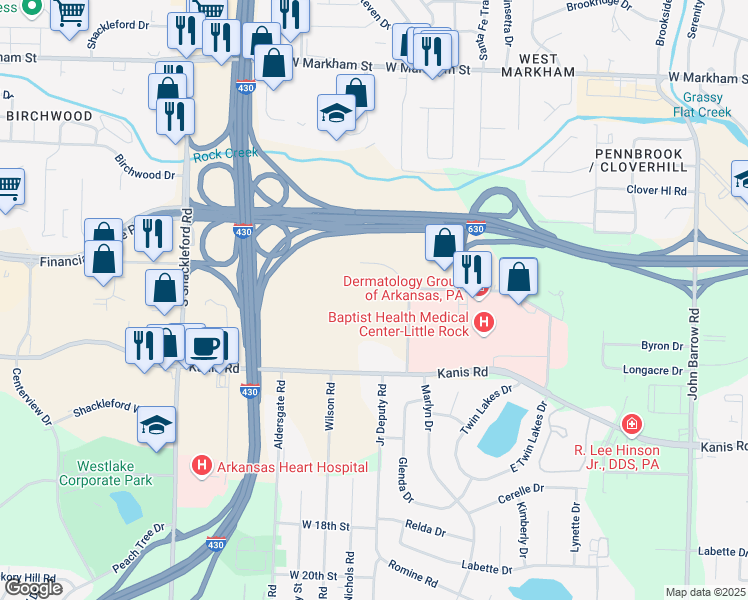 map of restaurants, bars, coffee shops, grocery stores, and more near 10001 Baptist Health Drive in Little Rock