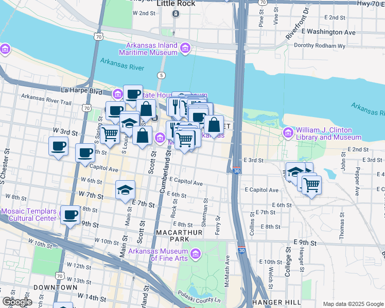map of restaurants, bars, coffee shops, grocery stores, and more near 315 Rock Street in Little Rock