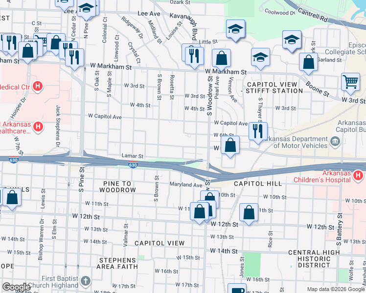 map of restaurants, bars, coffee shops, grocery stores, and more near in Little Rock