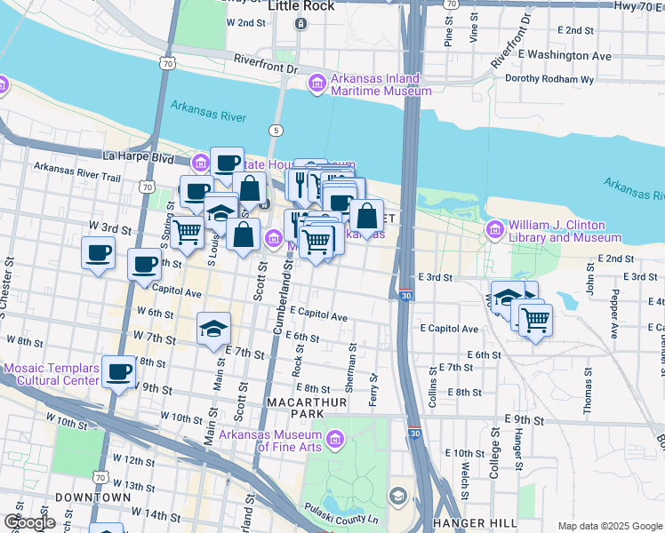 map of restaurants, bars, coffee shops, grocery stores, and more near 423 E 3rd St in Little Rock