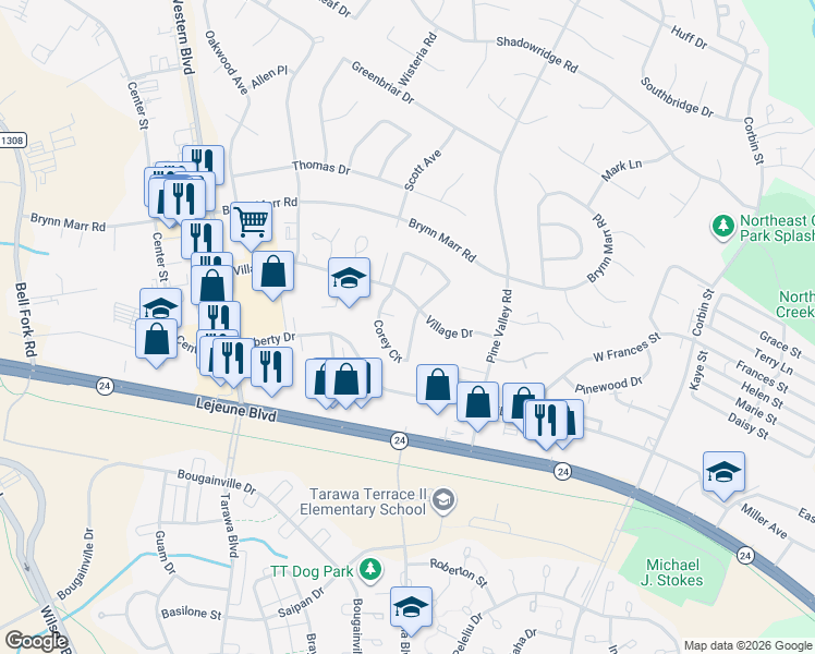 map of restaurants, bars, coffee shops, grocery stores, and more near 111 Corey Circle in Jacksonville
