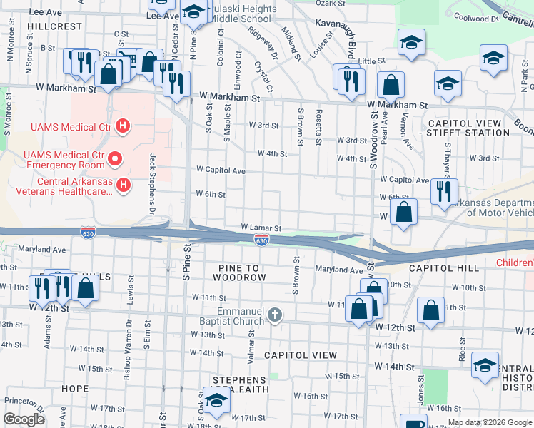 map of restaurants, bars, coffee shops, grocery stores, and more near 3419 West 7th Street in Little Rock