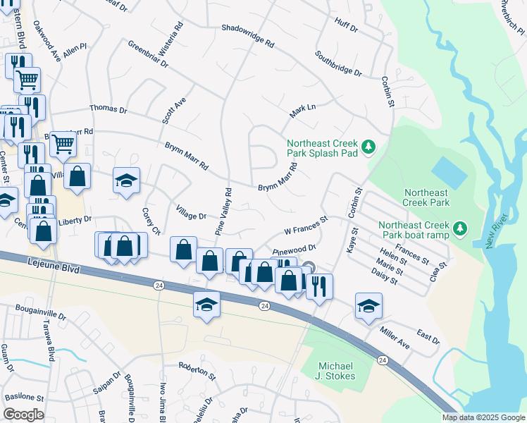 map of restaurants, bars, coffee shops, grocery stores, and more near 127 Twinwood Drive in Jacksonville