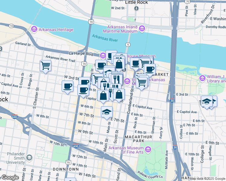 map of restaurants, bars, coffee shops, grocery stores, and more near 300 Main Street in Little Rock