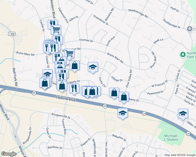 map of restaurants, bars, coffee shops, grocery stores, and more near 192 Village Drive in Jacksonville