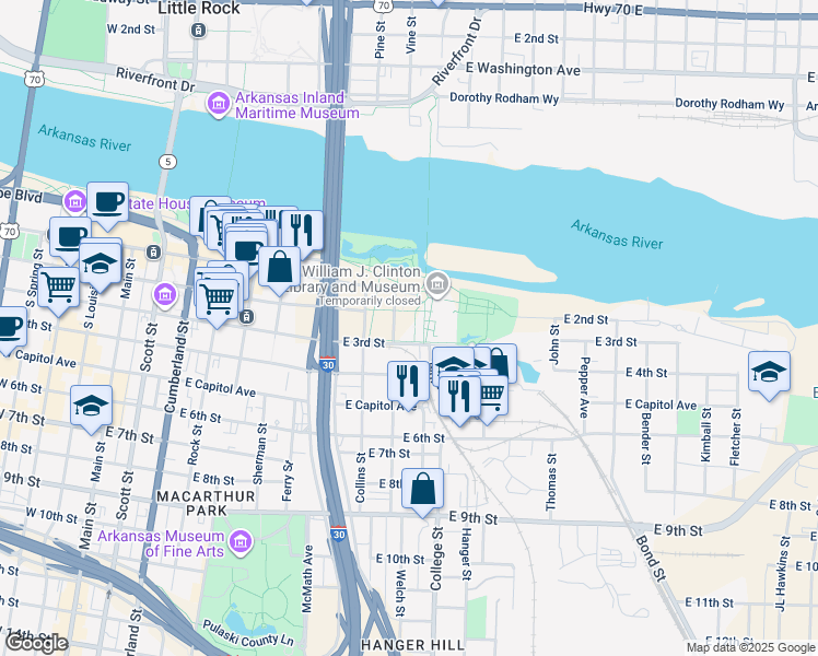 map of restaurants, bars, coffee shops, grocery stores, and more near in Little Rock