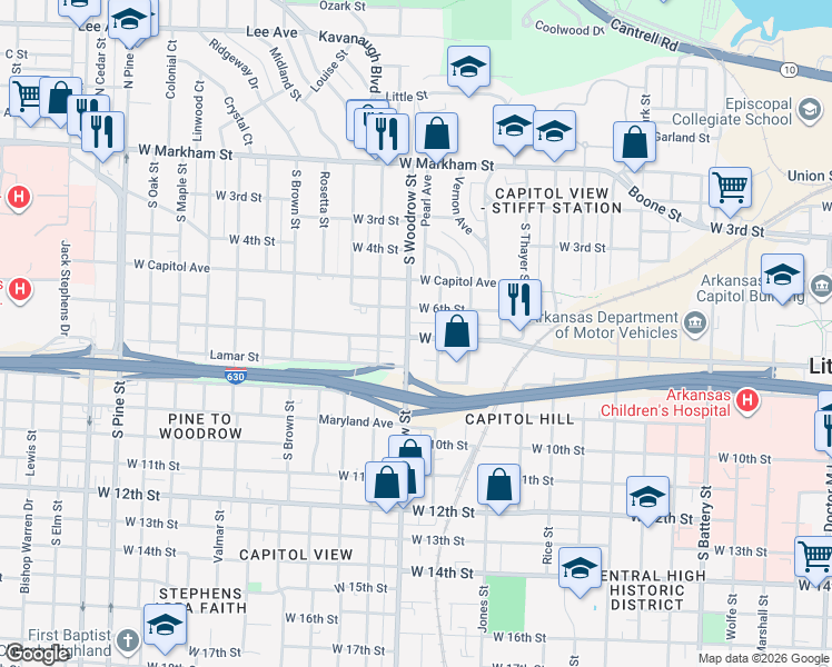 map of restaurants, bars, coffee shops, grocery stores, and more near in Little Rock