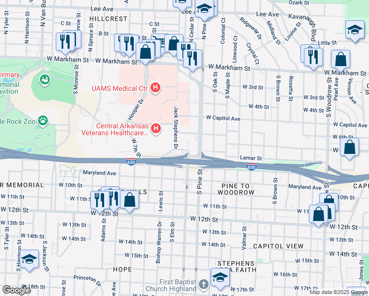 map of restaurants, bars, coffee shops, grocery stores, and more near 611 South Cedar Street in Little Rock