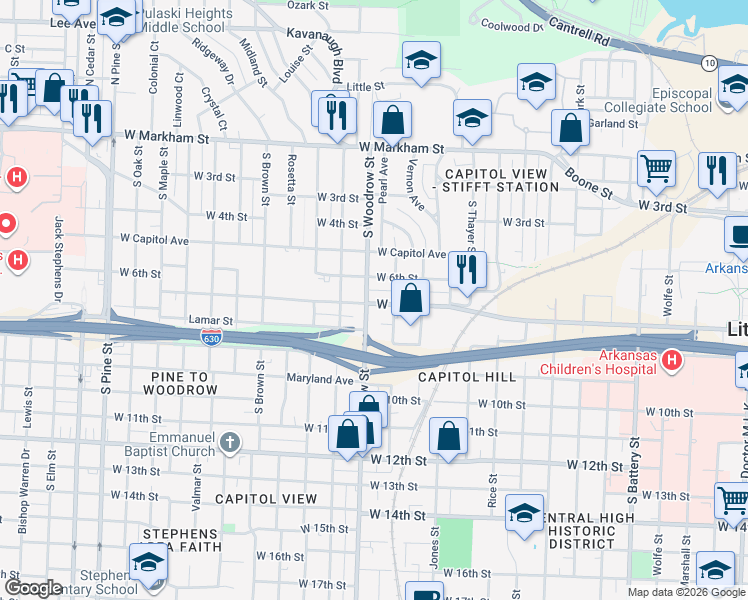 map of restaurants, bars, coffee shops, grocery stores, and more near in Little Rock