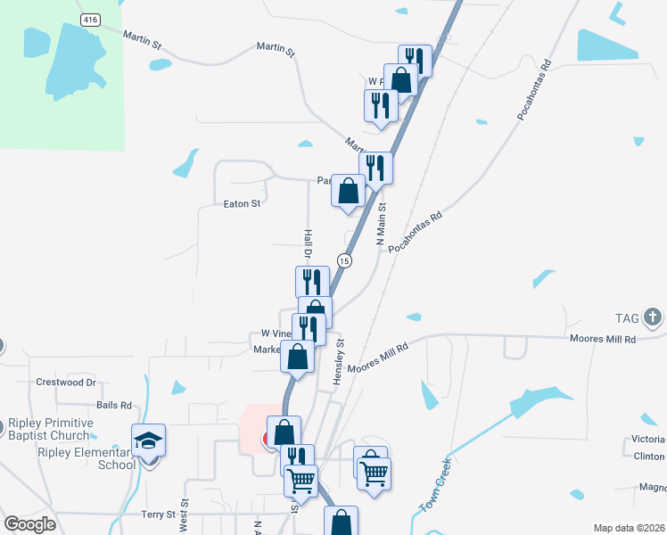map of restaurants, bars, coffee shops, grocery stores, and more near 1411 City Ave N in Ripley