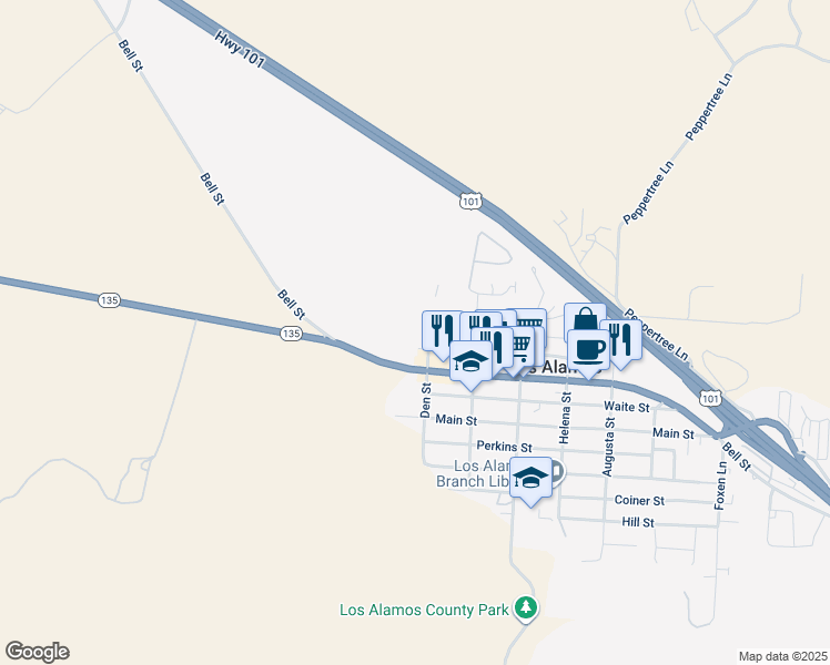 map of restaurants, bars, coffee shops, grocery stores, and more near 165 Leslie Street in Los Alamos