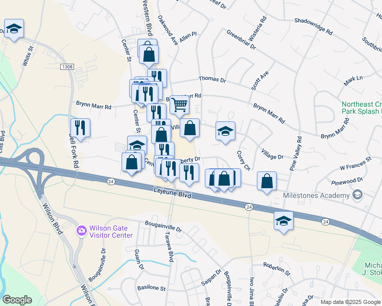 map of restaurants, bars, coffee shops, grocery stores, and more near 102 Western Boulevard in Jacksonville