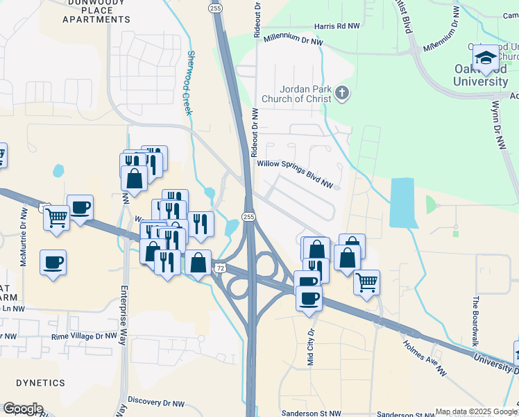 map of restaurants, bars, coffee shops, grocery stores, and more near 1172 Old Monrovia Road Northwest in Huntsville
