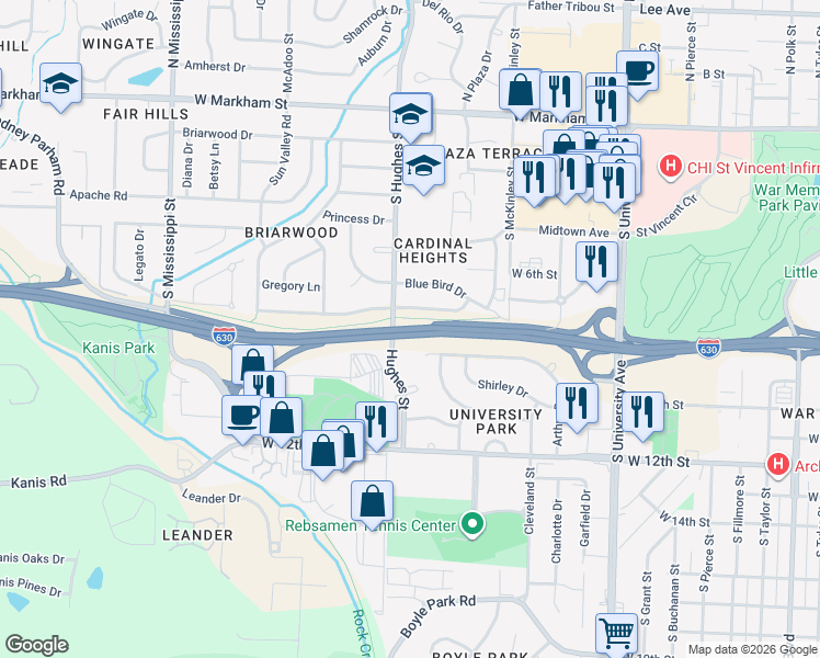 map of restaurants, bars, coffee shops, grocery stores, and more near Wilbur D. Mills Freeway in Little Rock